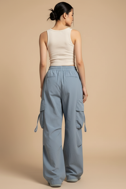 Pantalon Baggy Bleu Fluide Cargo Taille Haute - Polyester - vue 2