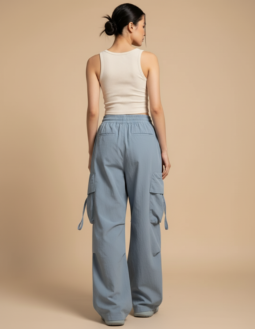 Pantalon Baggy Bleu Fluide Cargo Taille Haute - Polyester - vue 2