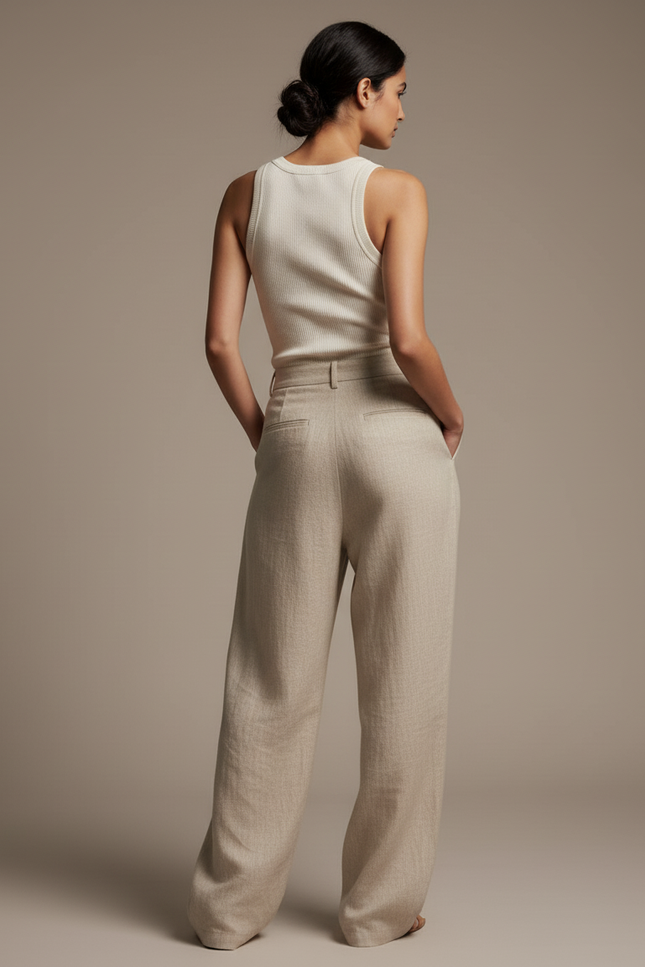 Pantalon Baggy Lin Beige Plissé Ample Femme - vue 2