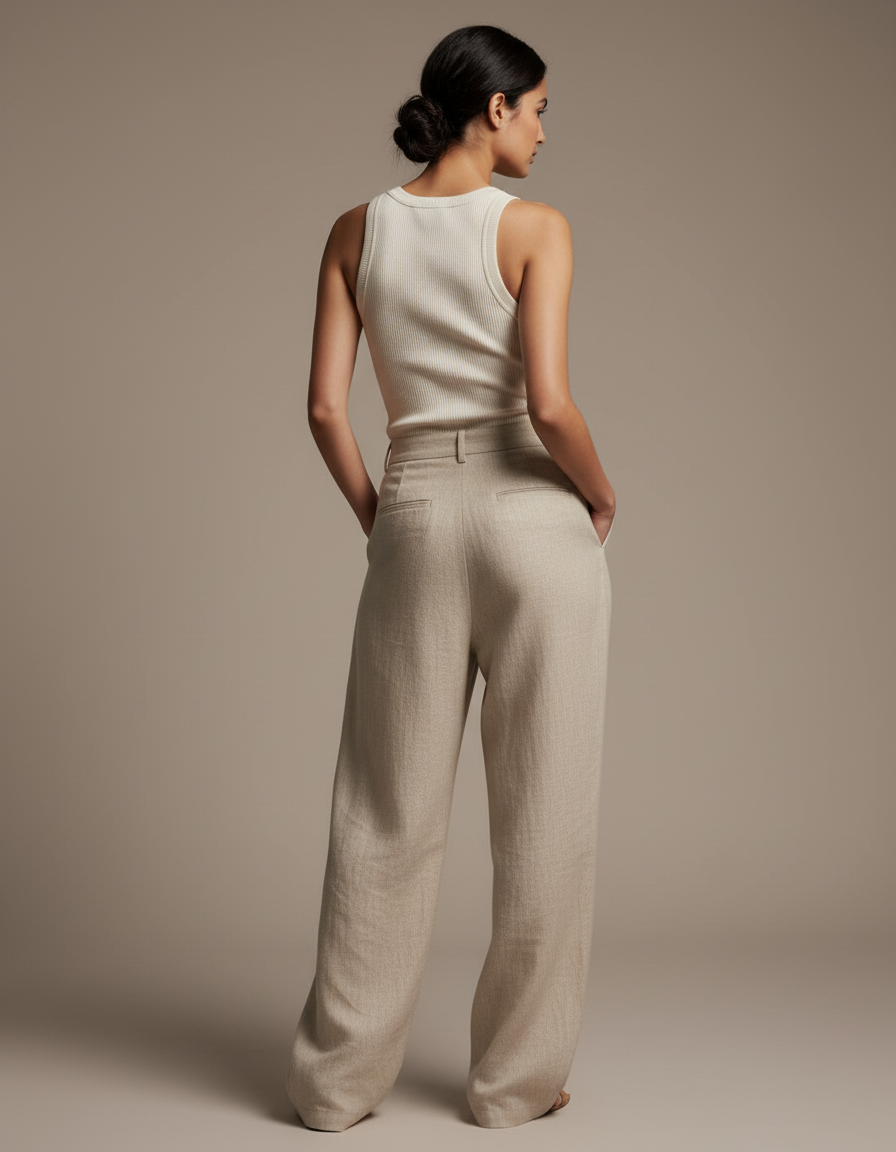 Pantalon Baggy Lin Beige Plissé Ample Femme - vue 2