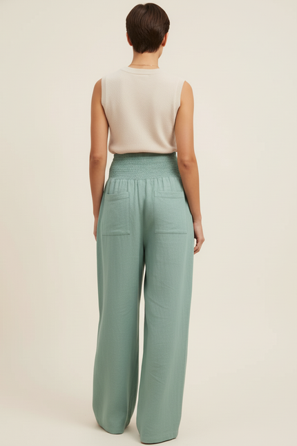 Pantalon Baggy Vert Menthe Ample Smocké Fluide - Lin - vue 2