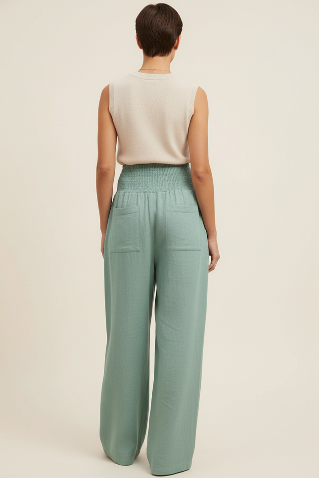 Pantalon Baggy Vert Menthe Ample Smocké Fluide - Lin - vue 2