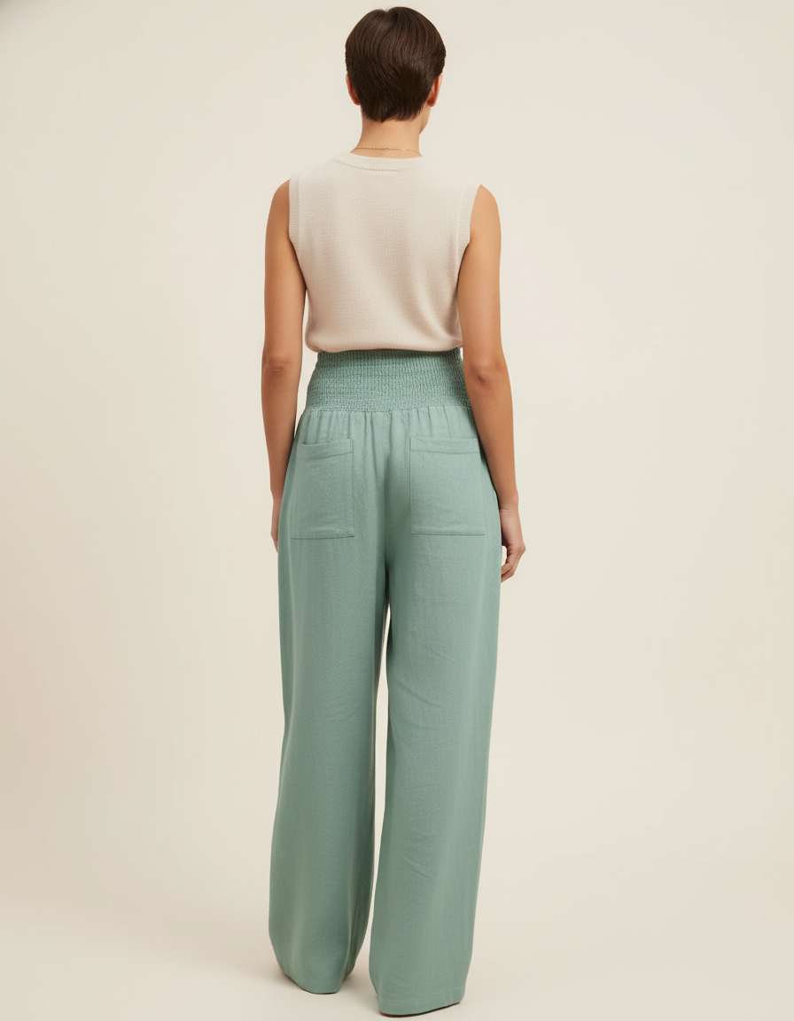 Pantalon Baggy Vert Menthe Ample Smocké Fluide - Lin - vue 2