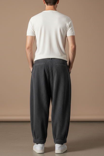 Pantalon Baggy Gris Côtelé Plissé Ample Décontracté Homme - Cordé - vue 2