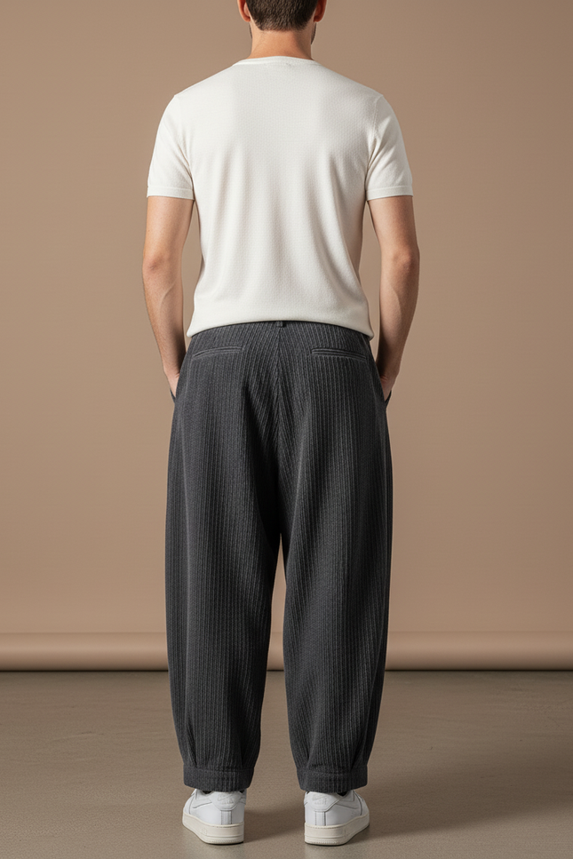 Pantalon Baggy Gris Côtelé Plissé Ample Décontracté Homme - Cordé - vue 2