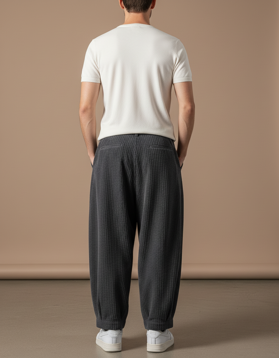 Pantalon Baggy Gris Côtelé Plissé Ample Décontracté Homme - Cordé - vue 2