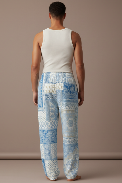Pantalon Baggy Patchwork Bleu Motif Rétro Ample Décontracté - Viscose - vue 2