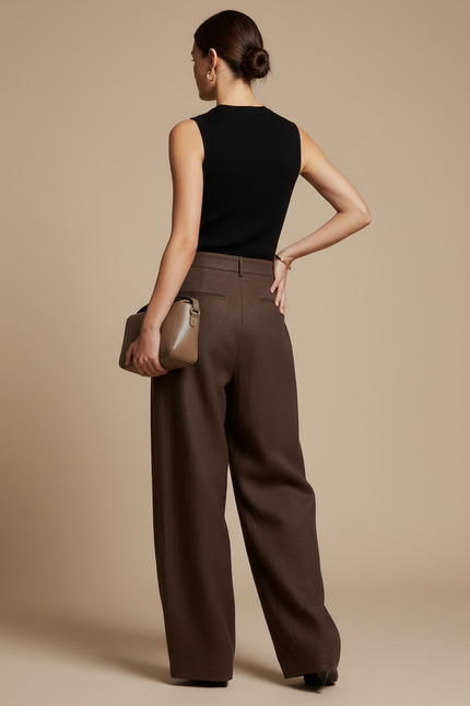 Pantalon Baggy Marron Ample Plissé Élégant Femme - Laine - vue 2