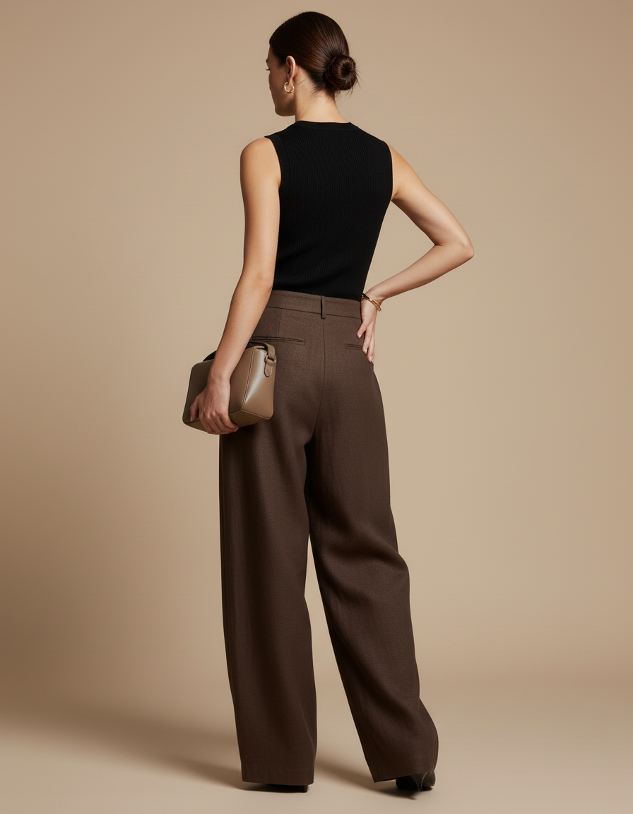 Pantalon Baggy Marron Ample Plissé Élégant Femme - Laine - vue 2