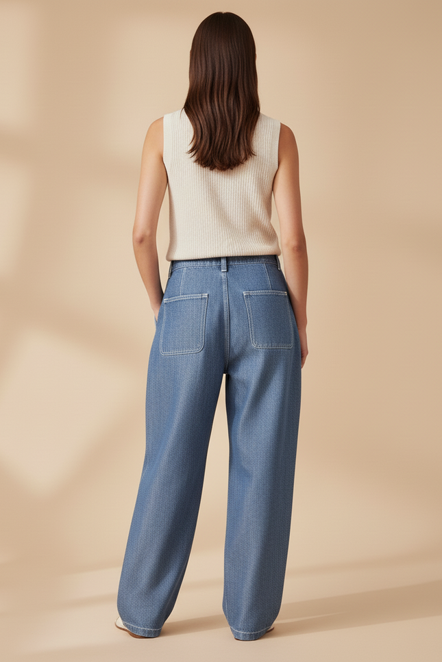 Pantalon Baggy Jean Bleu Surpiqué Ample Décontracté Femme - vue 2