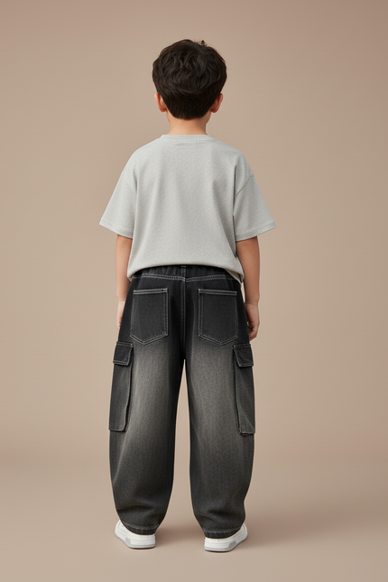 Pantalon Baggy Jean Dégradé Cargo Ample Enfant - Noir - vue 2