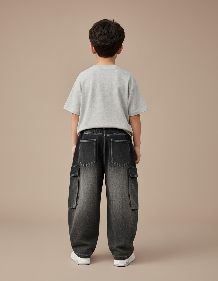 Pantalon Baggy Jean Dégradé Cargo Ample Enfant - Noir - vue 2