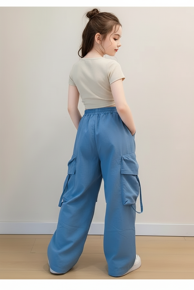 Pantalon Baggy Bleu Cargo Ample Décontracté Fille - Polyester - vue 2