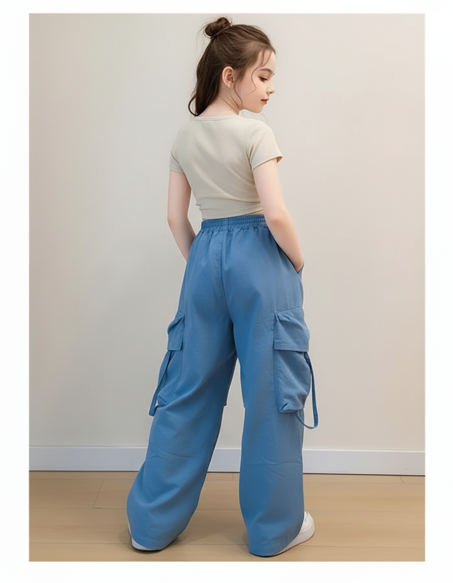 Pantalon Baggy Bleu Cargo Ample Décontracté Fille - Polyester - vue 2