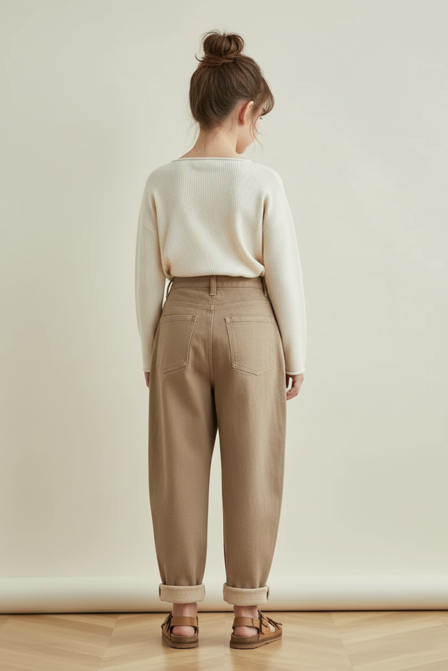 Pantalon Baggy Fille Kaki Taille Haute - Beige Toile - vue 2