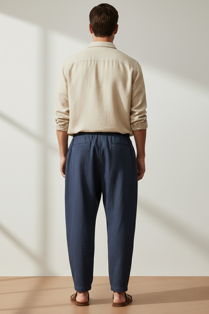 Pantalon Baggy Bleu Marine Cordon Ample Lin Décontracté Homme - vue 2
