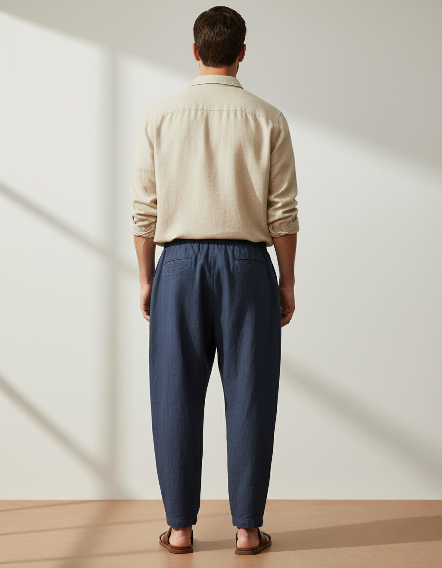 Pantalon Baggy Bleu Marine Cordon Ample Lin Décontracté Homme - vue 2