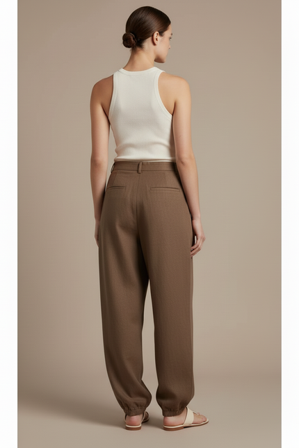 Pantalon Baggy Marron Ample Plissé Décontracté Femme - Lin - vue 2