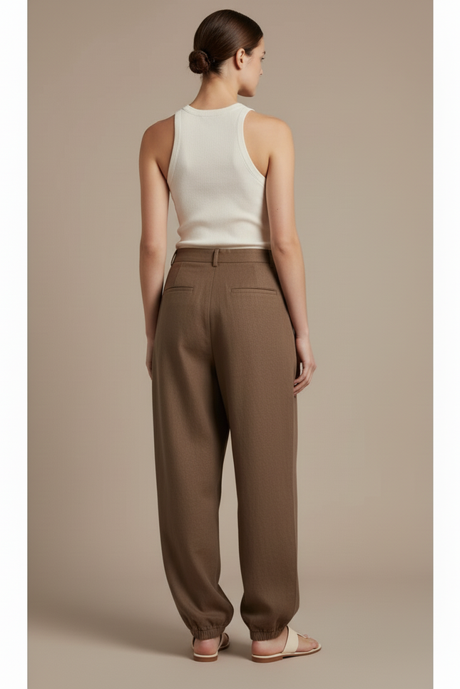 Pantalon Baggy Marron Ample Plissé Décontracté Femme - Lin - vue 2