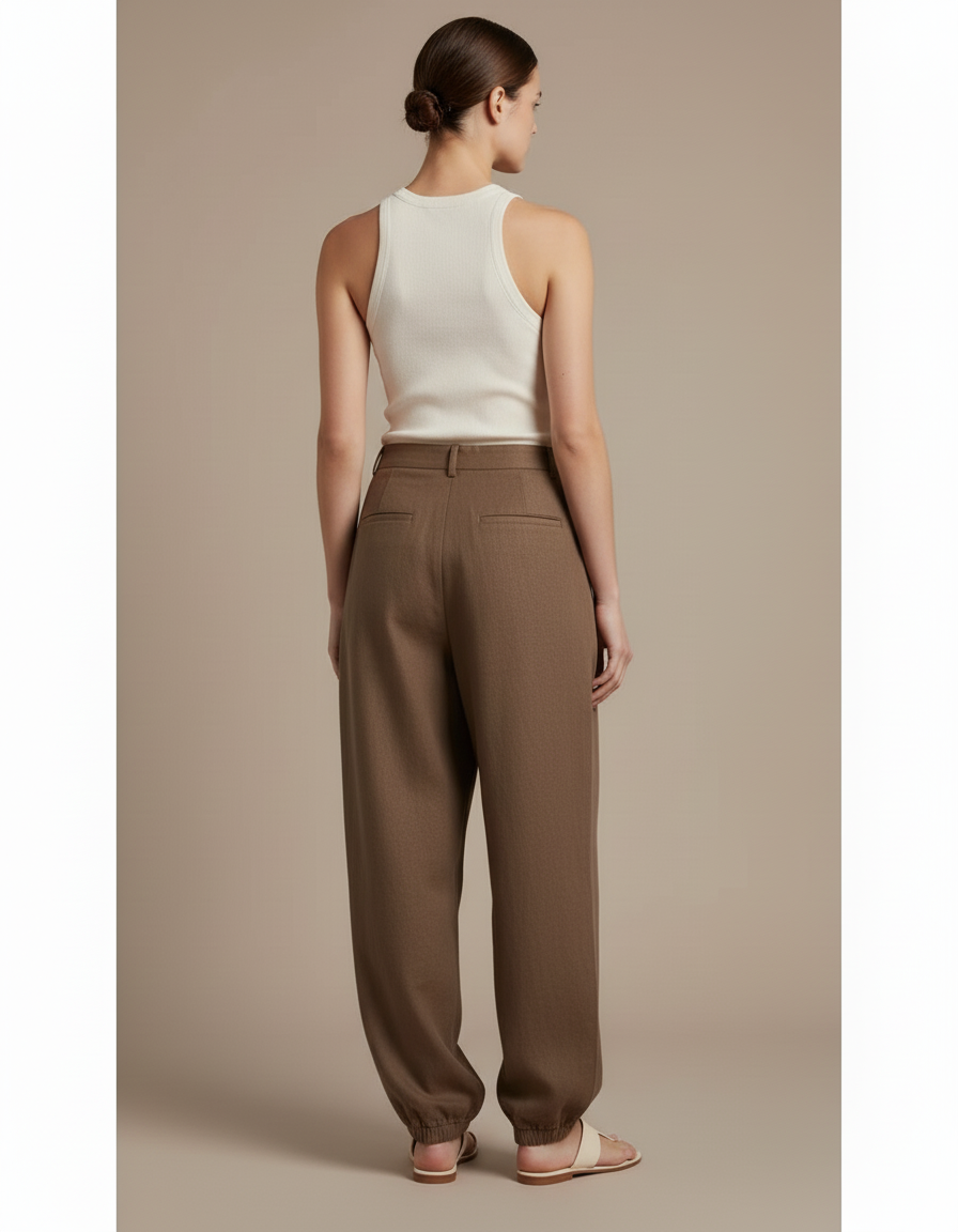 Pantalon Baggy Marron Ample Plissé Décontracté Femme - Lin - vue 2