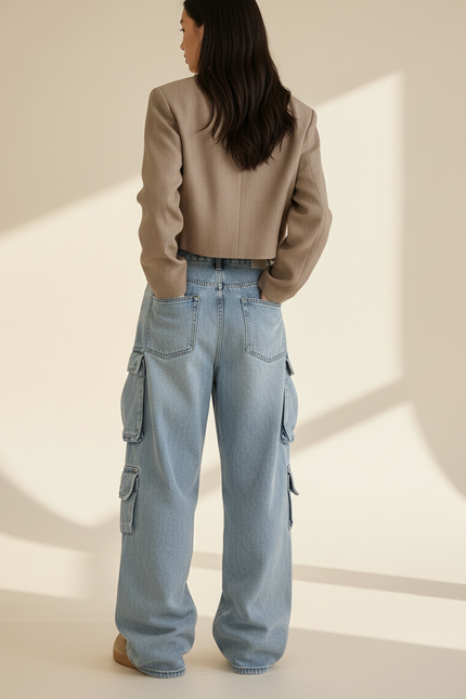 Pantalon Baggy Jean Bleu Clair Multi-Poches Cargo Femme - vue 2