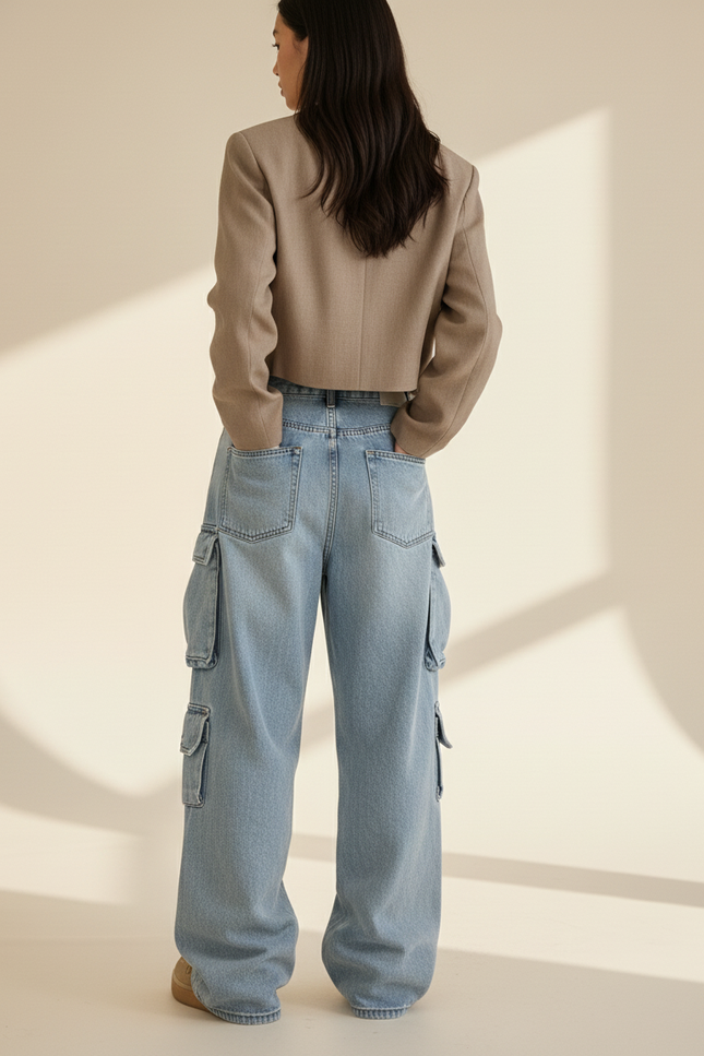 Pantalon Baggy Jean Bleu Clair Multi-Poches Cargo Femme - vue 2