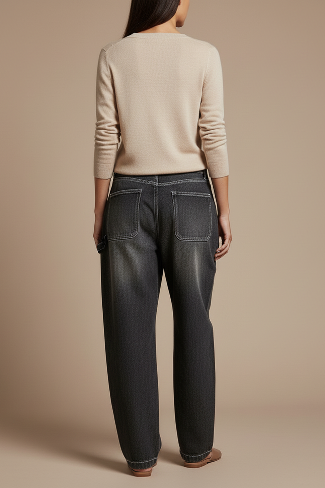 Pantalon Baggy Noir Délavé Ample Surpiqûres Blanches - Jean - vue 2