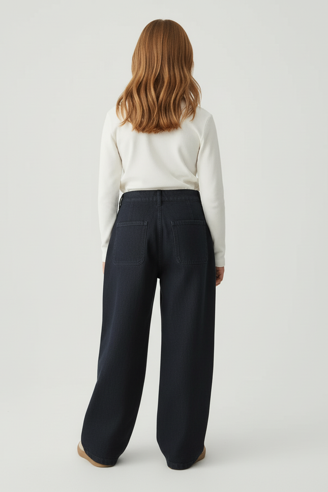 Pantalon Baggy Jean Denim Ample Plissé Fille - Marine - vue 2