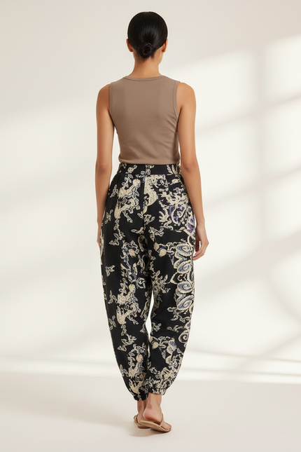Pantalon Baggy Noir Imprimé Ethnique Ample Fluide Femme - Viscose - vue 2