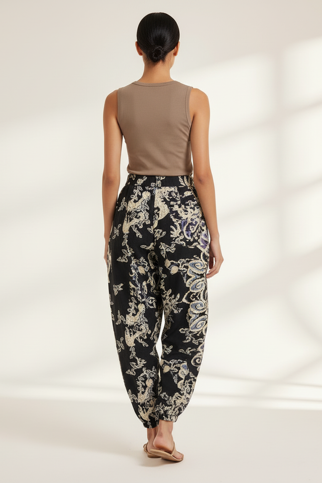 Pantalon Baggy Noir Imprimé Ethnique Ample Fluide Femme - Viscose - vue 2
