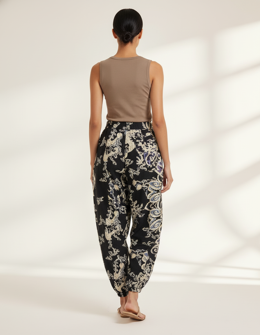 Pantalon Baggy Noir Imprimé Ethnique Ample Fluide Femme - Viscose - vue 2