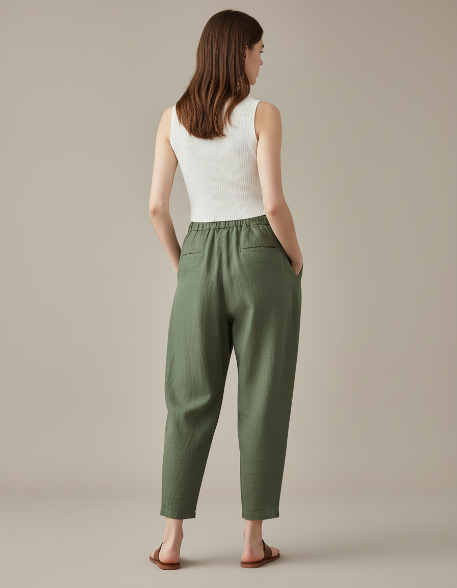 Pantalon Baggy Vert Kaki Lin Ample Cordon Décontracté - vue 2
