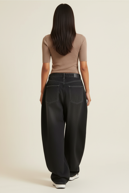 Pantalon Baggy Noir Denim Large Surpiqûres Décontracté - Jean - vue 2