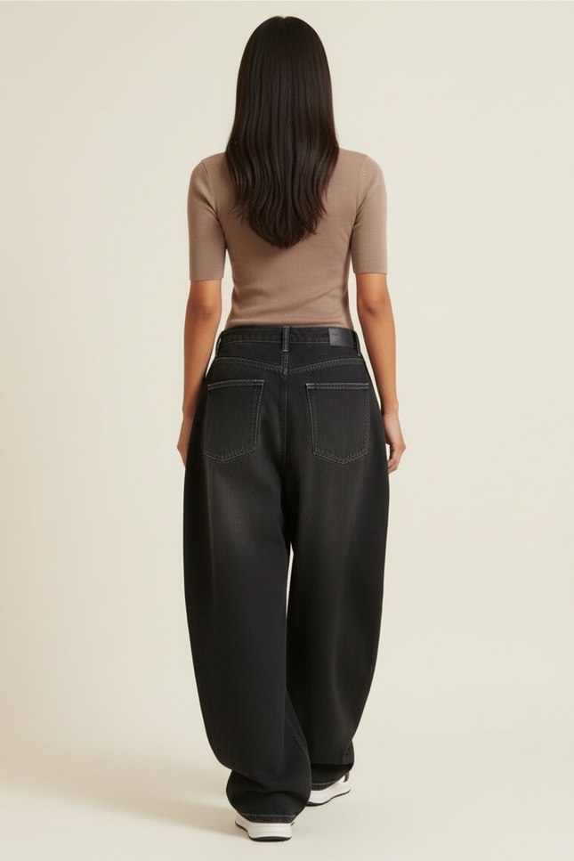 Pantalon Baggy Noir Denim Large Surpiqûres Décontracté - Jean - vue 2