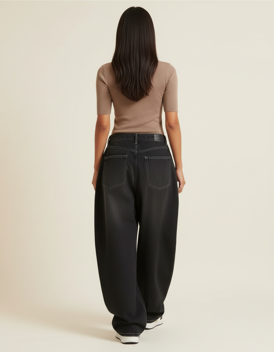 Pantalon Baggy Noir Denim Large Surpiqûres Décontracté - Jean - vue 2