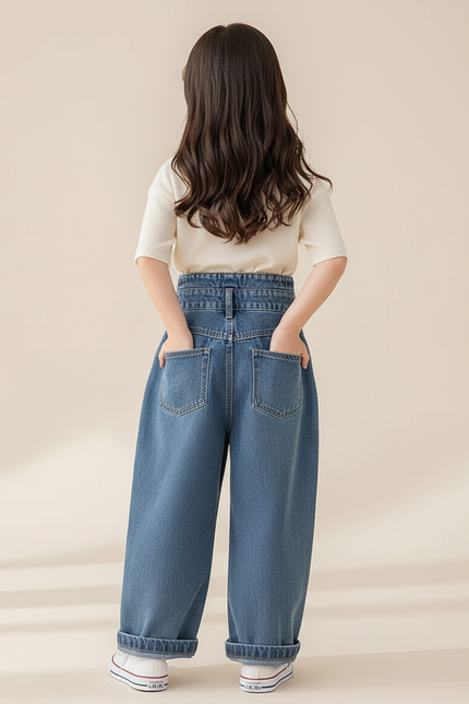 Pantalon Baggy Jean Bleu Taille Haute Ample Fille - vue 2
