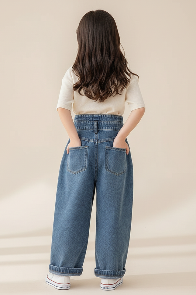 Pantalon Baggy Jean Bleu Taille Haute Ample Fille - vue 2