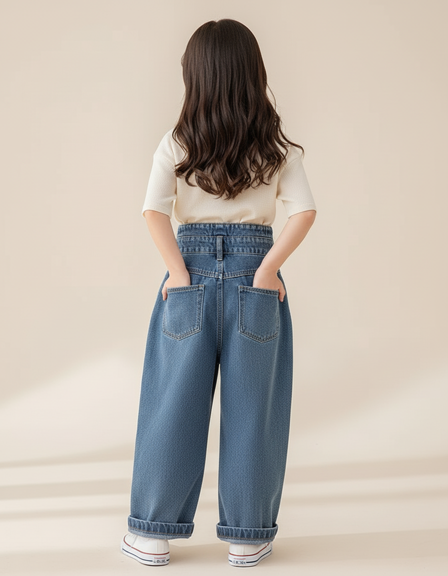 Pantalon Baggy Jean Bleu Taille Haute Ample Fille - vue 2