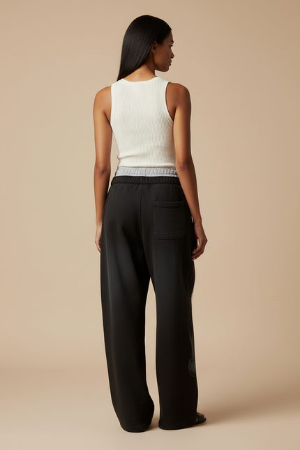 Pantalon Baggy Noir Ample Imprimé Décontracté Femme - Molleton - vue 2