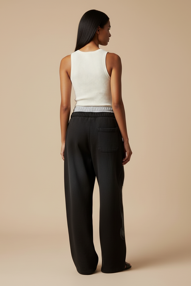 Pantalon Baggy Noir Ample Imprimé Décontracté Femme - Molleton - vue 2