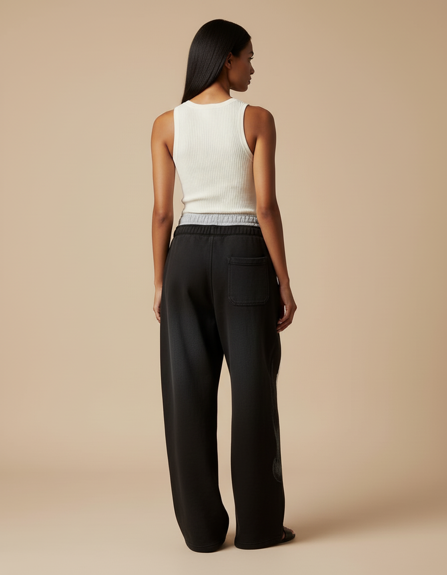 Pantalon Baggy Noir Ample Imprimé Décontracté Femme - Molleton - vue 2