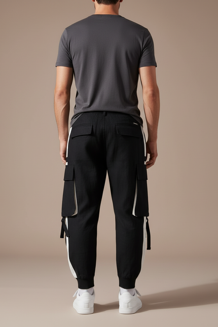 Pantalon Baggy Noir Cargo Bandes Blanches Décontracté Homme - Toile - vue 2