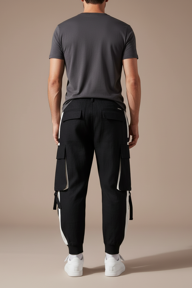 Pantalon Baggy Noir Cargo Bandes Blanches Décontracté Homme - Toile - vue 2