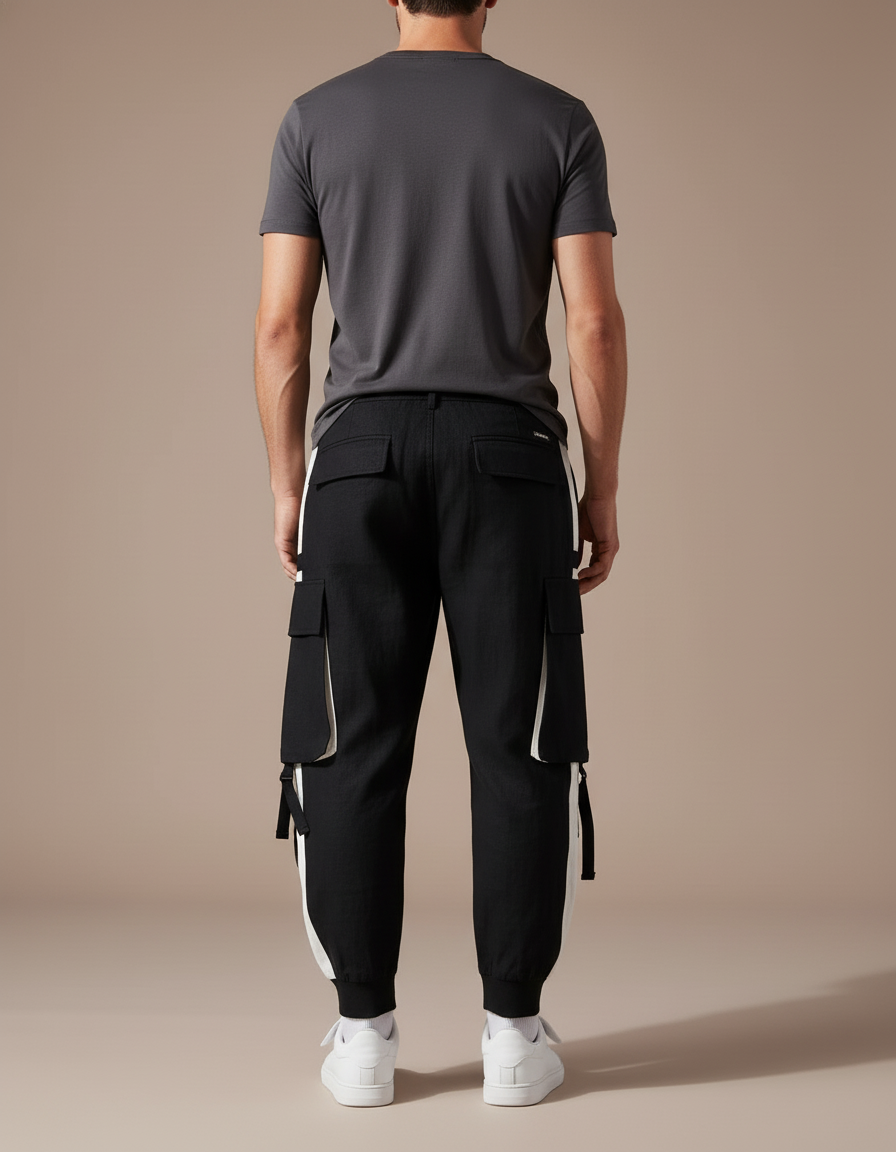 Pantalon Baggy Noir Cargo Bandes Blanches Décontracté Homme - Toile - vue 2