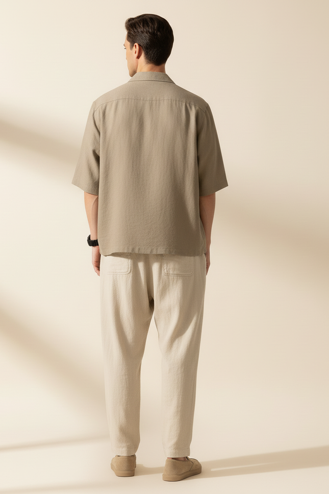 Pantalon Baggy Lin Beige Ample Cordon Décontracté Homme - vue 2