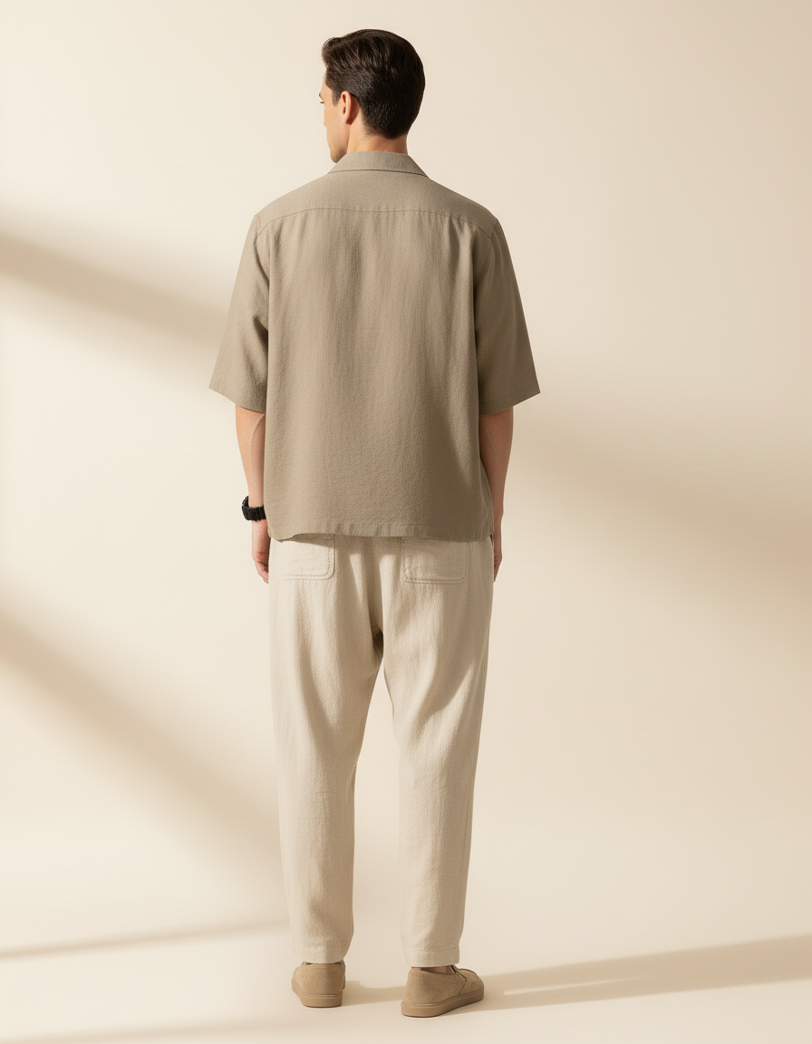 Pantalon Baggy Lin Beige Ample Cordon Décontracté Homme - vue 2