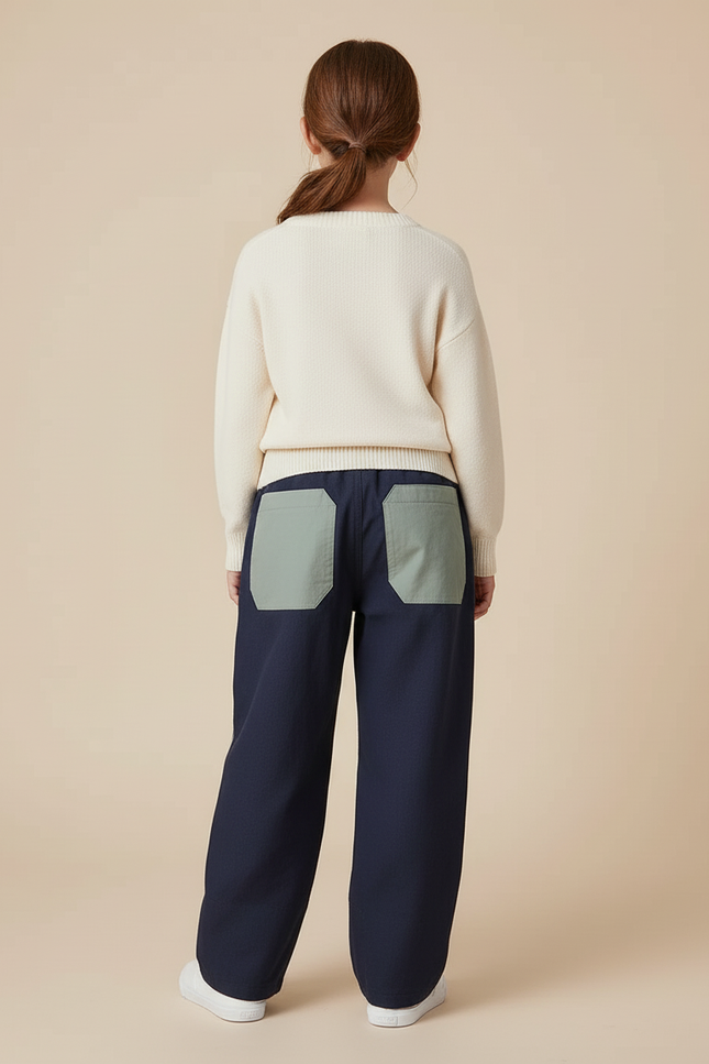 Pantalon Baggy Bleu Marine Patchwork Décontracté Enfant - Toile - vue 2