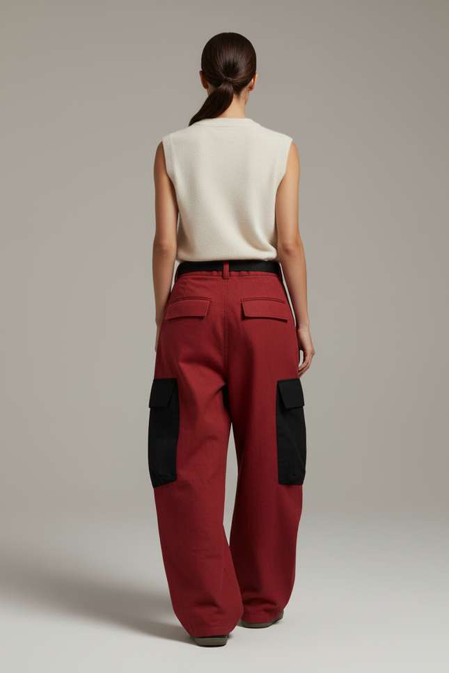 Pantalon Baggy Rouge Cargo Large Décontracté - Toile - vue 2