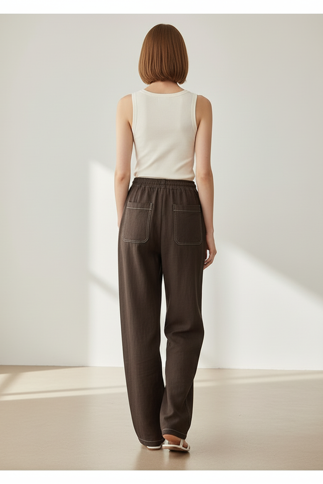 Pantalon Baggy Marron Ample Cordon Décontracté Femme - Coton - vue 2