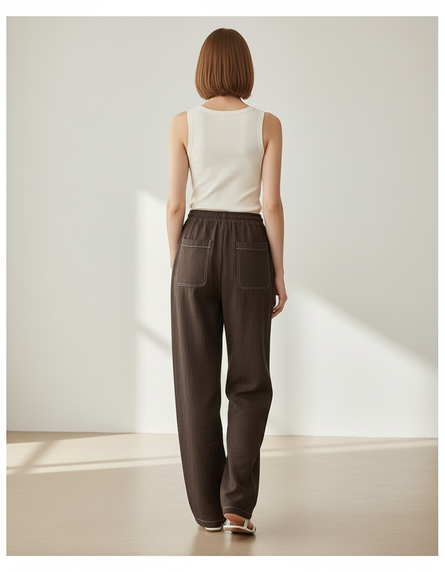 Pantalon Baggy Marron Ample Cordon Décontracté Femme - Coton - vue 2